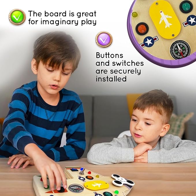 Toddler Montessori Busy Board - Wooden Educational Toy with Lights, Switches, Compass, Relay, Spinner - Sensory Board - Preschool Motor Skills Learning Activities - Christmas & Birthday Gift