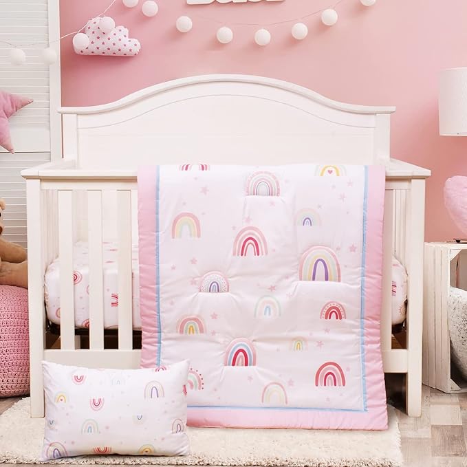 UOMNY Crib Bedding Set for Girls 3 Piece with Comforter Sheet Toddler Pillowcase Baby Bedding Sets Pink Rainbow