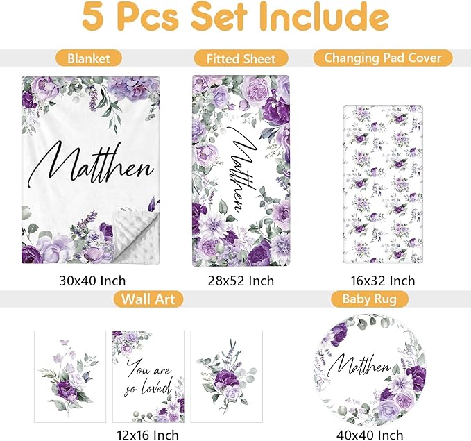 Personalized Baby Bedding Set - 5 Pcs Custom Toddlers Bedding Set with Infant Name - Soft Double Layer Nursery Crib Set for Girls Boys - Customized Infant Gifts for Baby Shower - Purple Flowers
