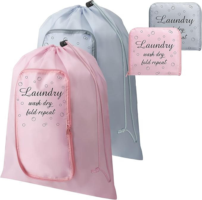 2 Pcs Travel Laundry Bag Washable Dirty Clothes Bag with Drawstring and Zipper for Suitcase, 22 x 18 Inch (Pink, Gray,Bubble)