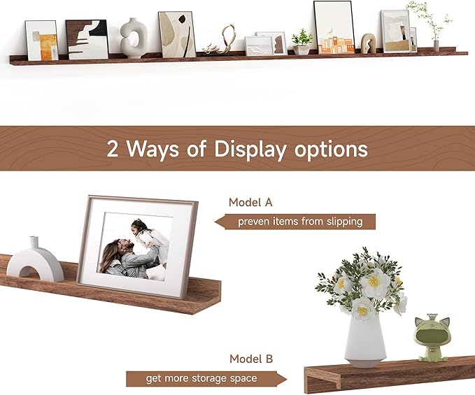 Floating Picture Ledge Shelves for Wall Set of 2, 95 Inches Picture Ledge Shelf with Long Large Nursery Book Shelf for Toys Storage Kids Bookshelf Wall Mounted Living Room Bedroom Decor Frames, Walnut