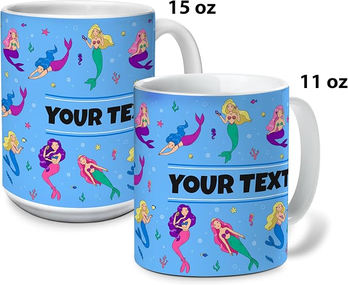 Personalized Mug for Kids - Mermaids - Custom Name/Text, Ceramic Hot Chocolate/Cocoa/Coffee Cup for Girls, Birthday/Christmas/Holiday Gift - 11 oz, Pink Handle