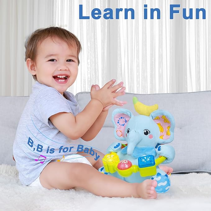 Baby Elephant Musical Stuffed Animals Toy with Light-Up Music & Crinkle,Infant Bilingual Early Learning Education Toys,1st Easter Basket Shower Stuffers for 0-3-6-12+ Months Boy Girl Gifts,Blue