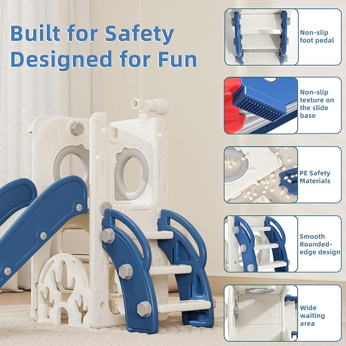 KORIMEFA 7 in 1 Toddler Slide, Kids Slide for Toddlers Baby 1-3 Years Old, Indoor and Outdoor with Basketball Hoop & Golf Set, Plastic Slides for Kids Easy Assembly, Blue