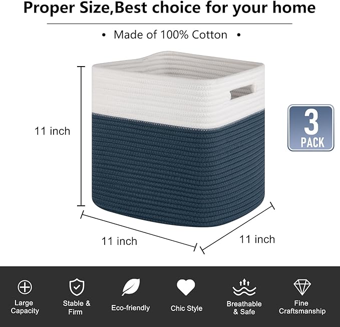 OIAHOMY Cube Storage Basket, 3-Pack Woven Cotton Rope Baskets for Storage, 11-Inch Cube Basket with Handles, Great for Shelves, Closets, Children's Toy Storage and Organization-White & Blue