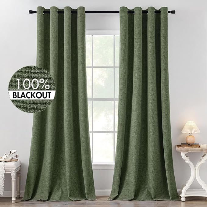 MIULEE 100% Blackout Linen Textured Curtains for Bedroom Solid Thermal Insulated Olive Green Grommet Room Darkening Curtains & Drapes Luxury Decor for Living Room Nursery 52 x 120 Inch (2 Panels)