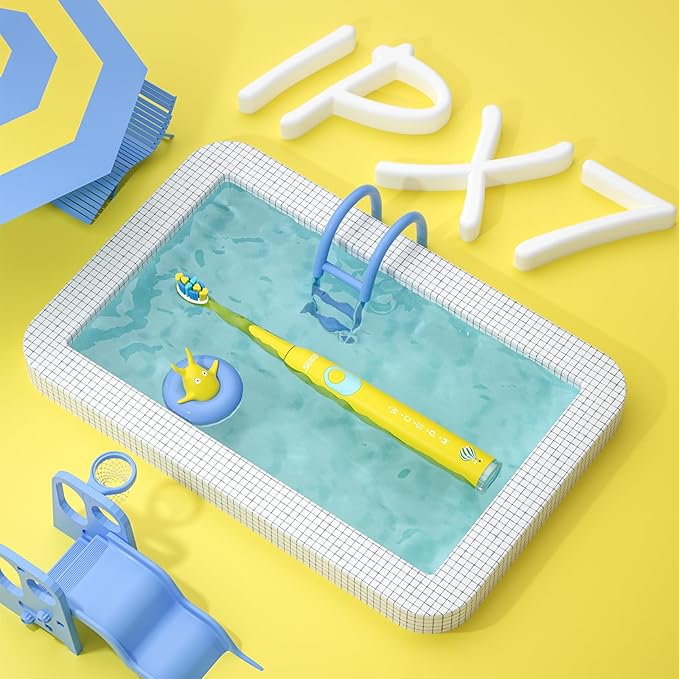 SEAGO Kids Electric Toothbrush, Rechargeable Sonic Soft Bristle Toothbrushes with 8 Brush Heads, DIY Stickers and 5 Modes, Ideal for Kids and Children, Ages 3–12,SG2303(Yellow)