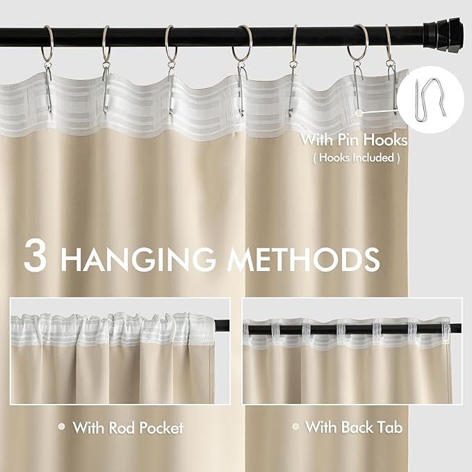 MIULEE Back Tab Cream Beige Curtains 120 Inch Long 2 Panels Set for Living Room Bedroom, Ivory Rod Pocket/Pinch Pleated Light Blocking Extra Long Thermal Insulated Room Darkening Blackout Drapes
