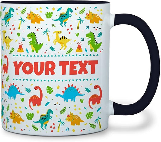 Personalized Mug for Kids - Dinosaurs - Custom Name/Text, Ceramic Hot Chocolate/Cocoa/Coffee Cup for Boys/Girls, Birthday/Christmas/Holiday Gift - 11 oz, Black Handle