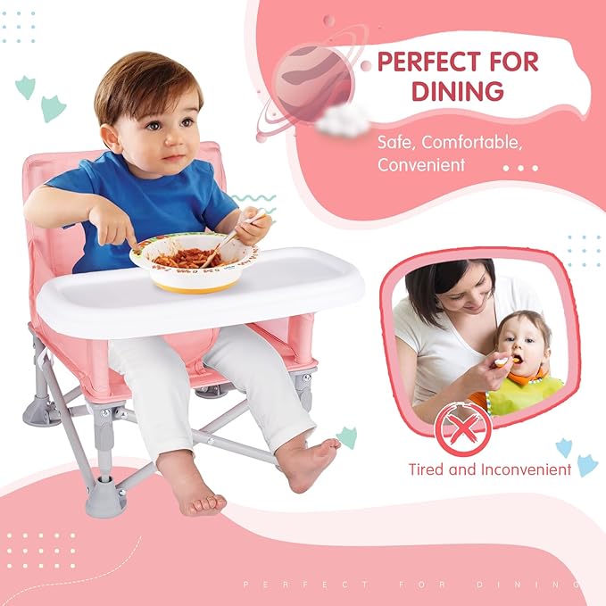 Portable Baby Booster Seat with Tray, Toddler Booster seat for Dining, Camping, Travel, Baby Beach Chair 6 Months to 3 Years Old Indoor Outdoor Use Pink