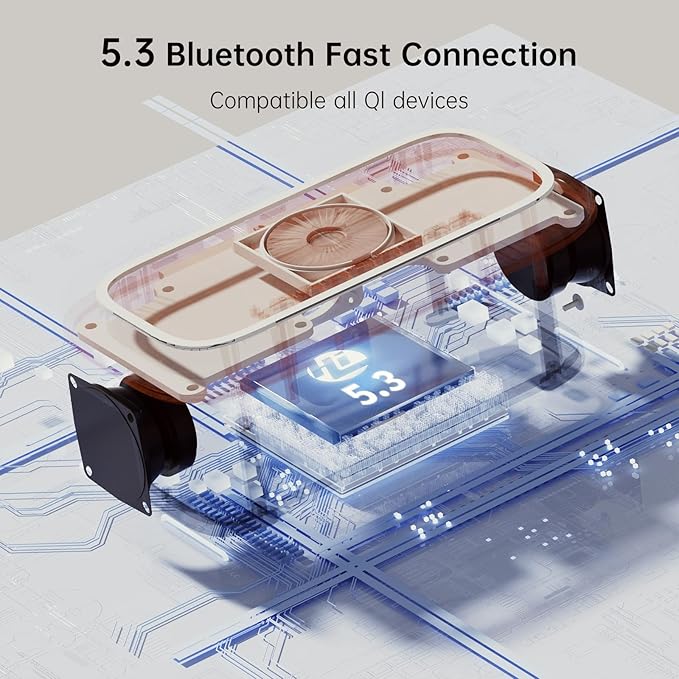 LOVME Alarm Clock Bluetooth Speaker for Bedroom, Bluetooth Stereo Sound Speaker, Fast 15W Wireless Charger, Dimmer, Night Light for Heavy Sleepers, Gift Set, Bedside(Khaki)