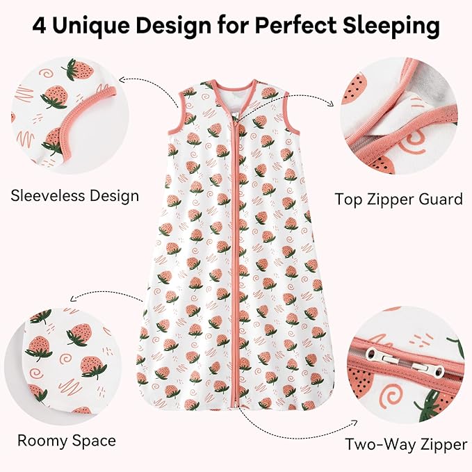 Baby Sleep Sack 18-24 Months 0.5 Tog Wearable Blanket Baby, 3 Pack 100% Cotton Lightweight Sleeping Sack with 2-Way Zipper for Infant Toddler Strawberry