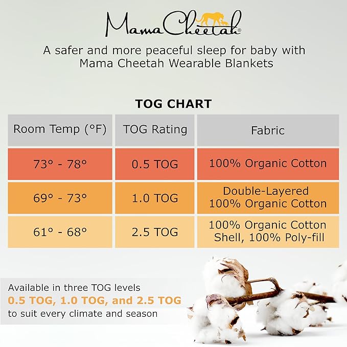 Mama Cheetah Baby Sleep Sack 0.5 TOG, Organic Cotton Baby Wearable Blanket with Two-Way Zipper, Swaddle Transition Baby Sleeping Bag for Newborn Infant Toddler Boy Girl, 12-18 Month