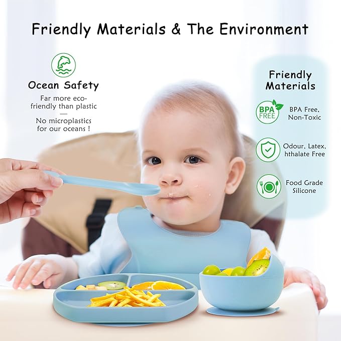 Baby Silicone Feeding Set, 13PCS Baby Self Feeding Set, Toddler Led Weaning Utensils Sets with Suction Bowl and Plate, 3 Set of Baby Spoons and Forks, Adjustable Bid, Sippy Cup with Straw and 2 Lids