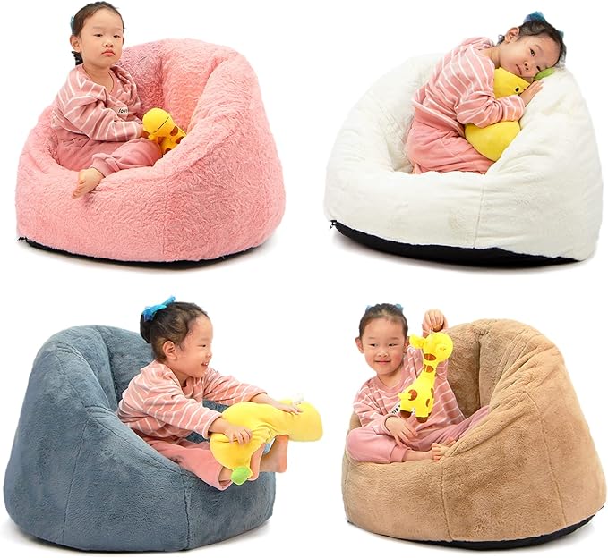 N&V Small Bean Bag Chair for Kids, Children Mini Bean Bag Sack, Foam Filling, Includes Removable and Machine Washable Cover, 27in, Soft Faux Fur (Brown)