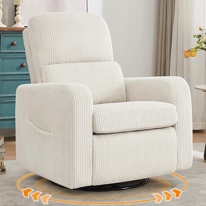 Swivel Rocker Recliner, Oversized Manual Nursery Glider Rocking Recliner Chair with Removable Cushion, Upholstered Swivel Reclining Chair for Nursery Living Room Bedroom, Corduroy White