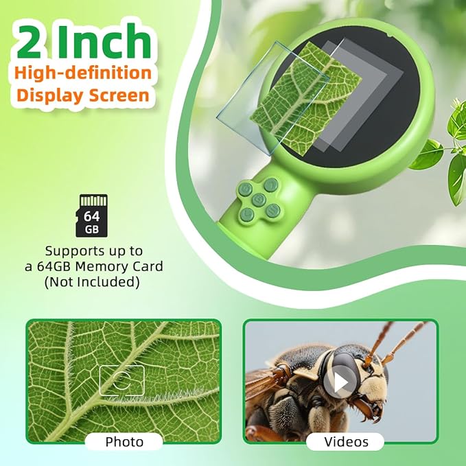 Kids Microscope with Bug Catcher Kit, 1080P Digital Mini Handheld Microscope STEM Science Toy with LED Light, Rechargeable, Portable, Supports 64GB TF Card, Educational Gift for Kids Ages 3-12 (Green)