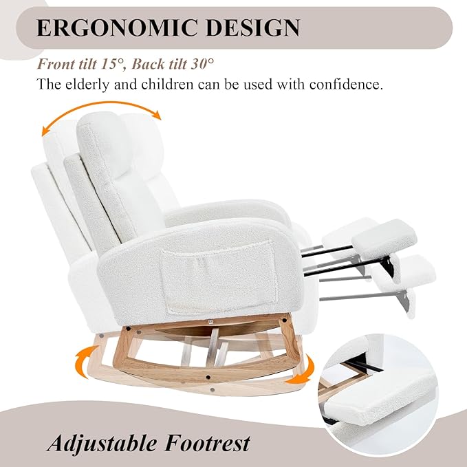 NIOIIKIT Oversized Nursery Rocking Chair, Teddy Upholstered Glider Chair with Footrest, Large Glider Rocker with Side Pocket, Rocking Accent Chair, Glider Recliner for Living Room (White Teddy)
