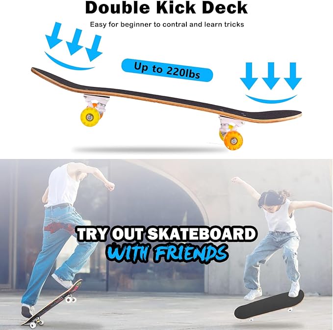 Skateboard,31 x 8 Inch Complete Skateboard, 8-Layer Maple Wood Deck Double Kick Standard Skateboards for Kids, Teens, Adult, Beginner