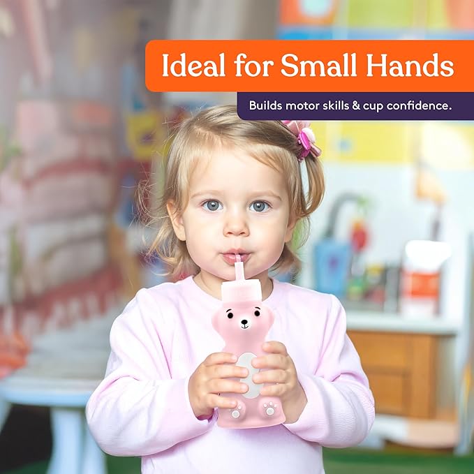 Special Supplies Honey Bear Straw Cup Long Straws, Squeezable Therapy and Special Needs Assistive Drink Container, Spill Proof and Leak Resistant Lid (Pack of 1 Bottle and 3 Straws) (Pink)