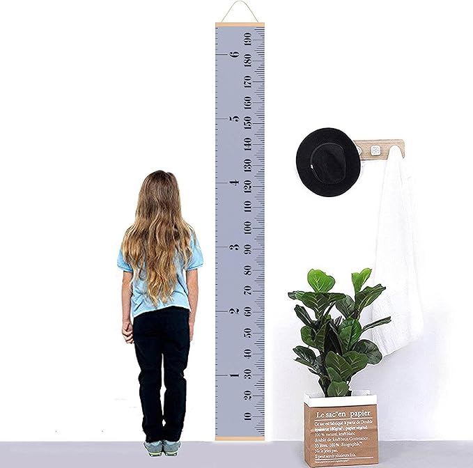 Kids Growth Chart, Wood Frame Fabric Canvas Height Measurement Ruler from Baby to Adult for Child's Room Decoration 7.9 x 79in (7.9 x 79in, Gray)