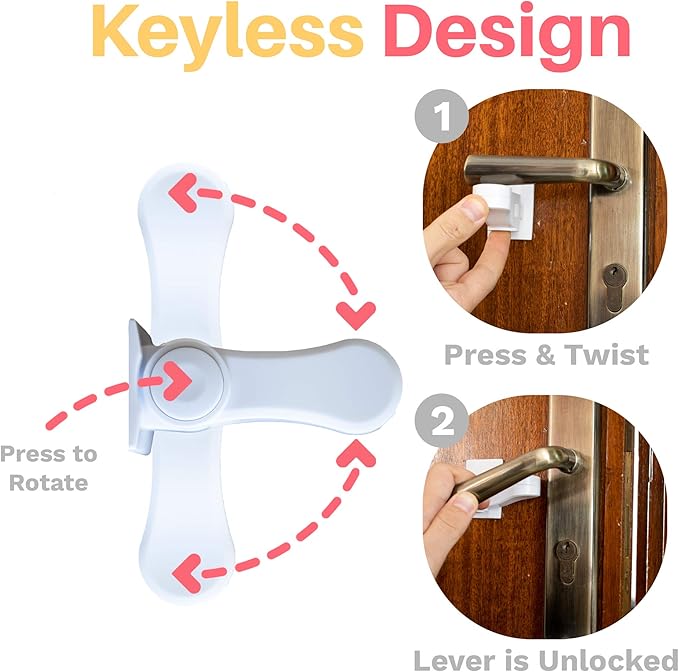 Inaya Child Proof Door Lever Lock - Door Handle Lock - 3M Adhesive - Minimalist Design - No Drilling Child Safety Door Handle Locks (3 Pack)
