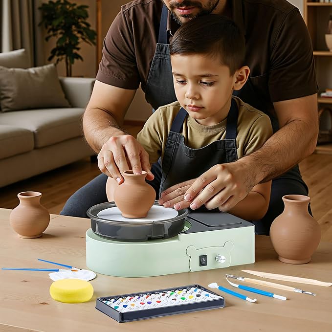 VEVOR Mini Pottery Wheel For Kids and Beginners, 6” Turntable, Two-way Rotation, Adjustable Speed, Complete Pottery Set with Clay Art Supplies Sculpting Tools, Craft Gifts for Kids Teens Adults, Green