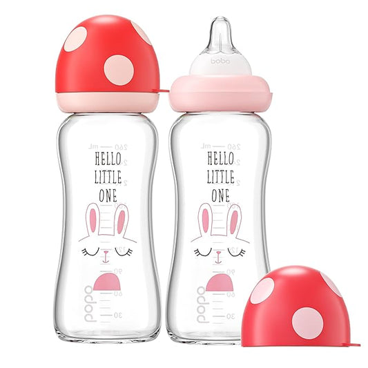 YOHKOH Natural Glass Baby Bottle with Natural Response Nipple, Newborn Anti-Colic Baby Bottles, Wide Neck Mushroom Cap Baby Bottle, Clear (8.8ounce (Pack of 2), Red1)