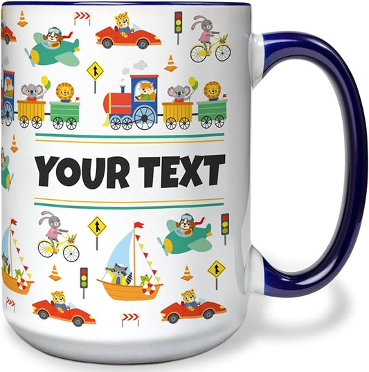Personalized Mug for Kids - Vehicles - Custom Name/Text, Ceramic Hot Chocolate/Cocoa/Coffee Cup for Boys, Birthday/Christmas/Holiday Gift - 15 oz, Navy Blue Handle