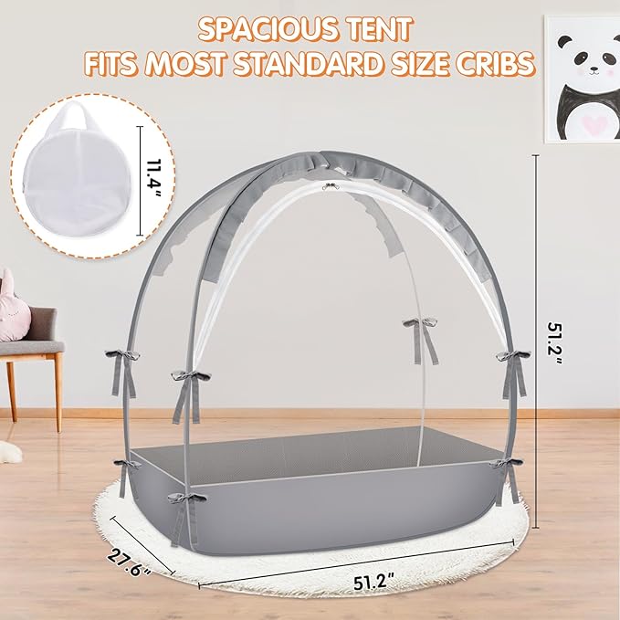 Crib Tent to Keep Baby from Climbing Out - Crib Net to Keep Baby in - Pop Up Breathable Cribs Cover - Canopy with Upgrade Strong Mesh and Durable Zipper (Grey, Lager)