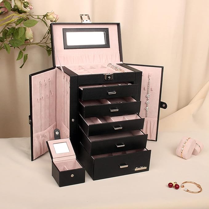 6 Tier Jewelry Box, Jewelry Case with 5 Drawers, Large Storage Capacity, with Mirror, Lockable, Jewelry Storage Organizer, Gift for Loved Ones