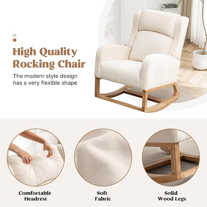 Rocking Chair Nursery, Nursing Rocking Chairs for Mom Nursery, Comfy Wingback Glider Rocking Armchair with Foot Rest and Side Pocket for Nursery Living Room Bedroom, Beige