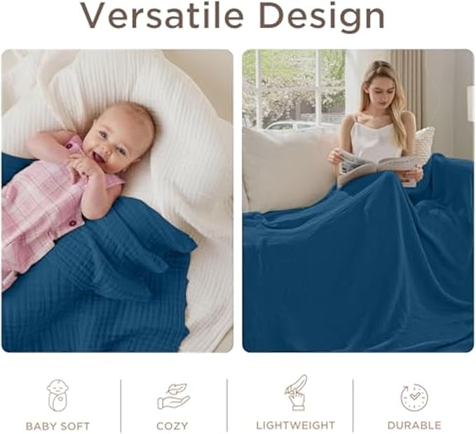 Threadmill Muslin Blanket for Queen Size Bed | 4 Layer 100% Cotton Gauze | Soft, Lightweight, and Cozy for All Seasons | Lightweight Summer Blanket | Folkstone Blue