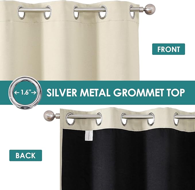 ChrisDowa 100% Blackout Curtains 45 inch Long for Bedroom with Black Liner, 2 Thick Layers Total Blackout Thermal Insulated Grommet Window Curtains 2 Panels Set (Light Beige, 52 x 45 Inch)