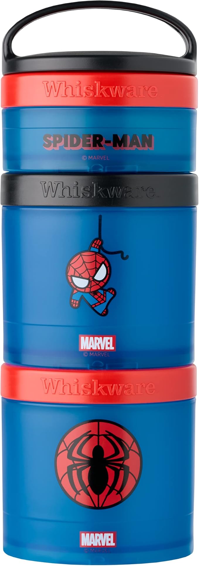 Whiskware Marvel Stackable Snack Containers for Babies, Kids, and Toddlers, 3 Stackable Snack Cups for School or Travel, Formula Friendly, Cupholder Friendly, Spider-Man