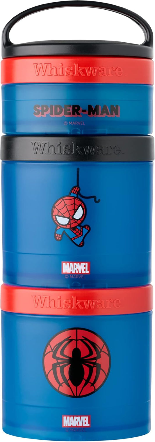 Whiskware Marvel Stackable Snack Containers for Babies, Kids, and Toddlers, 3 Stackable Snack Cups for School or Travel, Formula Friendly, Cupholder Friendly, Spider-Man