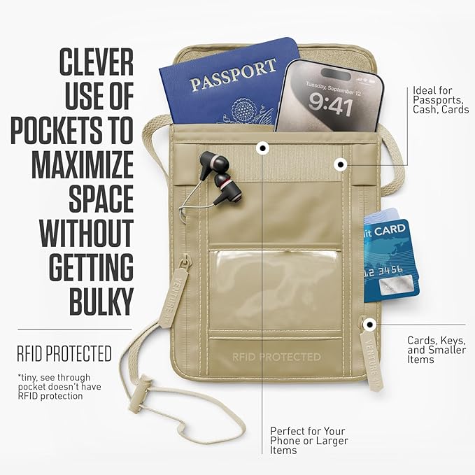 VENTURE 4TH Passport Holder Neck Wallet with RFID Blocking Nylon Lining - Hidden Neck Pouch for Travel (Sleek Beige)