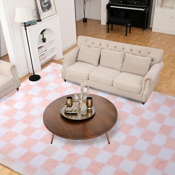 Super Soft Rug for Bedroom, 4x6 Ft Pink and White Area Rug Classic Checkered Shaggy Anti-Skid High Pile Soft Fluffy Rug Fuzzy Carpet for Living Room Bedroom Kids Room Nursery, Dorm Home Decor