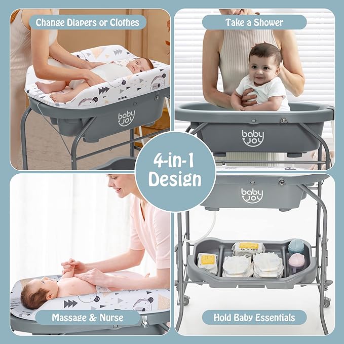 BABY JOY Baby Bathtub with Changing Table, Foldable Infant Diaper Changing Station with Storage Tray, Waterproof Pad, Portable Newborn Nursery Organizer Bath Stand with 4 Universal Wheels (Gray)