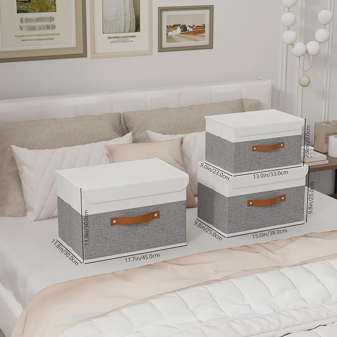 Yawinhe Storage Boxes with Lids, Linen Fabric Bin, Cube Organizer Basket, Washable and Leather Handle, for Home, Closet, White/Grey, 15.0''Lx9.8''Wx9.8''H, 5-Pack, USNK024WGL-5