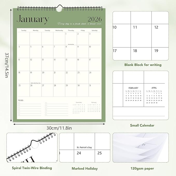Wall Calendar 2026-2027, 18 Month Calendar from January 2026 to June 2027 14.5" x 11.8" Large Desk Calendar with Twin-Wire Binding for Home Office Planning Personal Organisers, Simple Style
