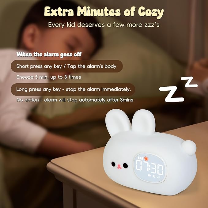 Bunny Alarm Clock with Night Light for Kids with Sleep Training and Sound Machine, Rechargeable Silicone Lamp OK to Wake Clock，Cute Animal Tabletop Lamp, Perfect Sleep Companion for Boys Girls