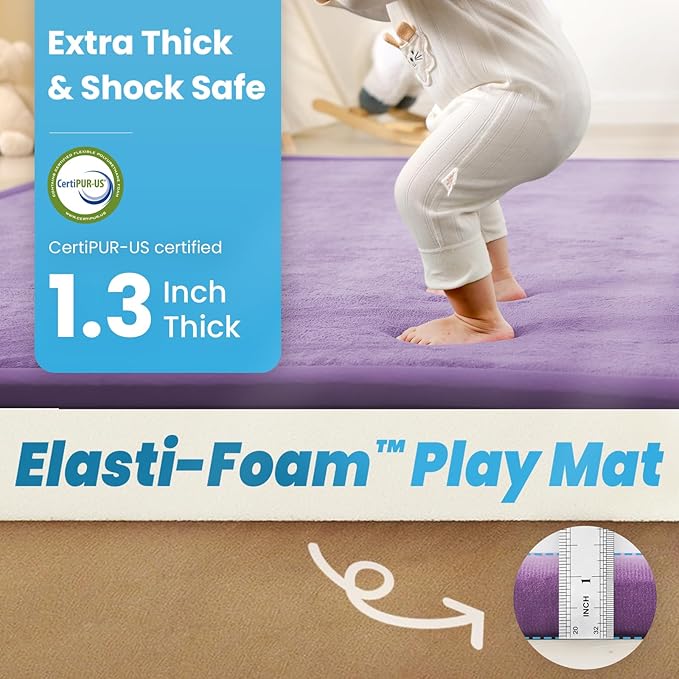 1.3" Thick Baby Play Mat for Floor Playpen, 50x50 Foam Tummy Time Mat, Padded Support Soft Plush Nursery Rug for Infant Kids Toddler Crawling Kick Activity (Lavender)