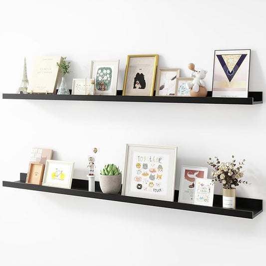 Picture Ledge Shelf, Wood Long Floating Shelves for Wall, Set of 2, 48 inch Picture Ledge Shelves, Photo Ledge Nursery Book Shelves Wall Mounted for Living Room Kids' Room Bedroom, Color Black