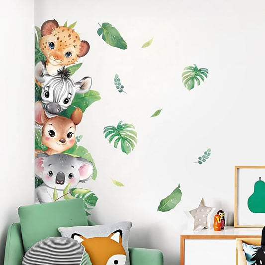 Tanlaby Jungle Animals Wall Stickers Woodland Animal Wall Decals Leopard Deer Zebra Safari Peel and Stick Art Decor for Baby Nursery Kids Bedroom Playroom Daycare Kindergarten