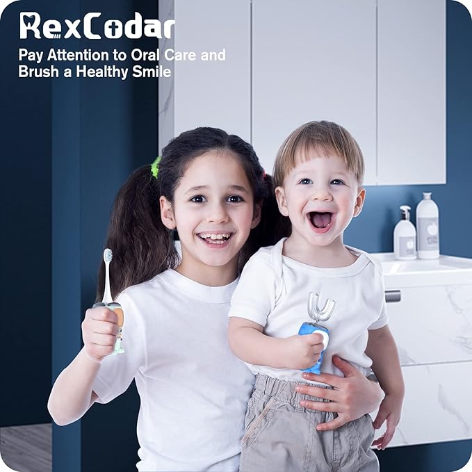 RexCodar Ultrasonic Kid's U-Shaped Electric Toothbrush, IPX7 Waterproof, Five Cleaning Modes, 60S Smart Reminder (Blue Ages 6-12)