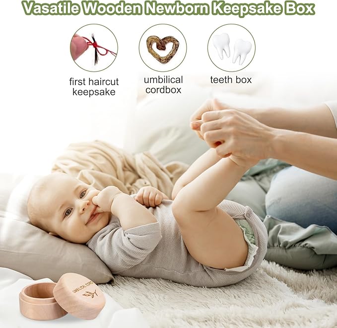 Umbilical Cord Memorial Box Engraved Wooden Round Newborn Wood Case Baby Keepsake Tooth Box Fetal Hair Memorial Storage Container Carved Baby Fetal Hair Case for Babys Shower Pregnancy Christen Gift