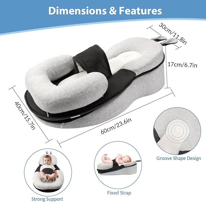Baby Lounger,Pillow with Safety Straps, Dual-Function Removable Machine-Washable Pad, Lightweight & Portable（Gray）