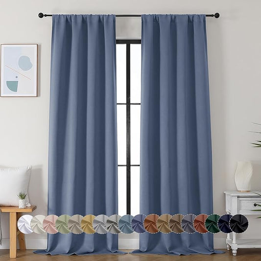 Simplebrand Ava Denim Blue Blackout Curtains for Bedroom 90 Inches Long 2 Panels Set, Solid Privacy Energy Saving Living Room Window Treatment Curtains Blackout Drapes, W40 x L90 Inch, Denim Blue