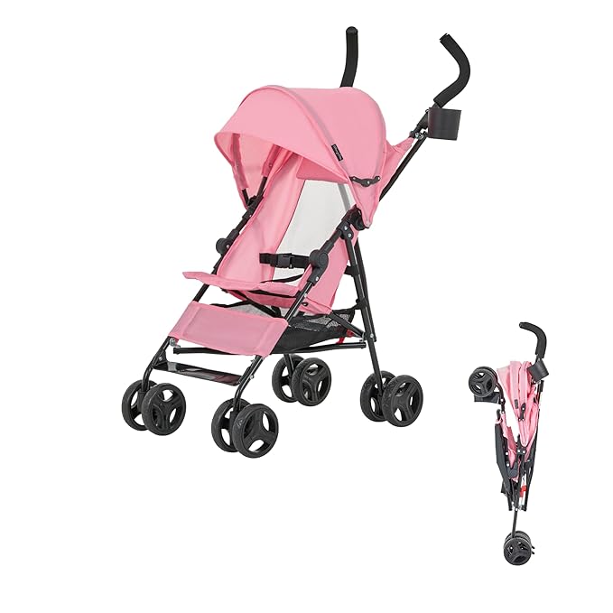 Dream On Me Rover Convenience Baby Stroller in Pink, Lightweight & Compact Umbrella Stroller, Easy one-Hand fold Travel Stroller, Lockable Rear Wheels, Removable & Adjustable Canopy